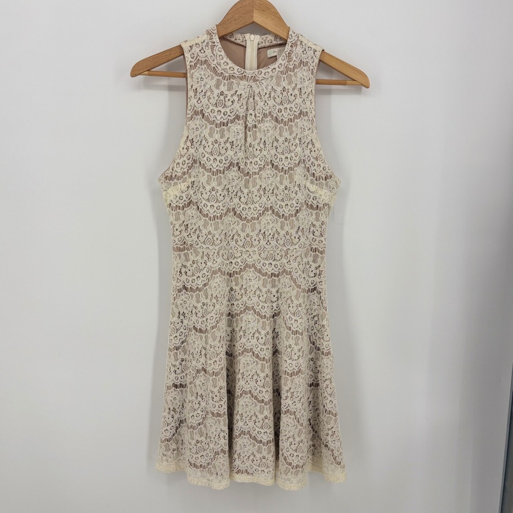 Cream Floral Lace Fit and Flare Dress Romantic Boho Bridal shower bid day Nude